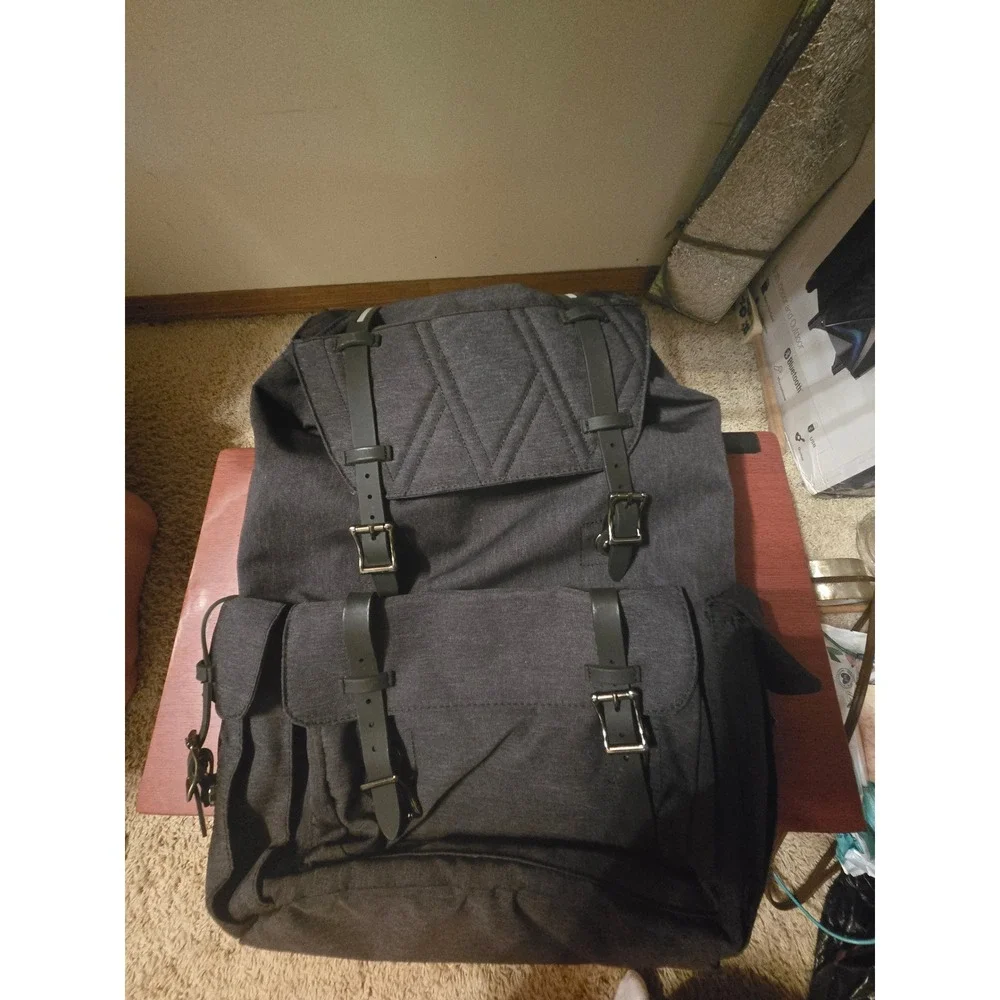 Charcoal Grey Canvas Rucksack Backpack with Teal Lining and Laptop Sleeve.